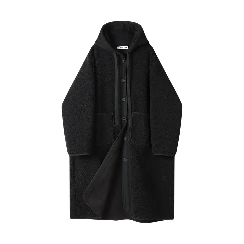 Button Closure Hooded Wool Coat