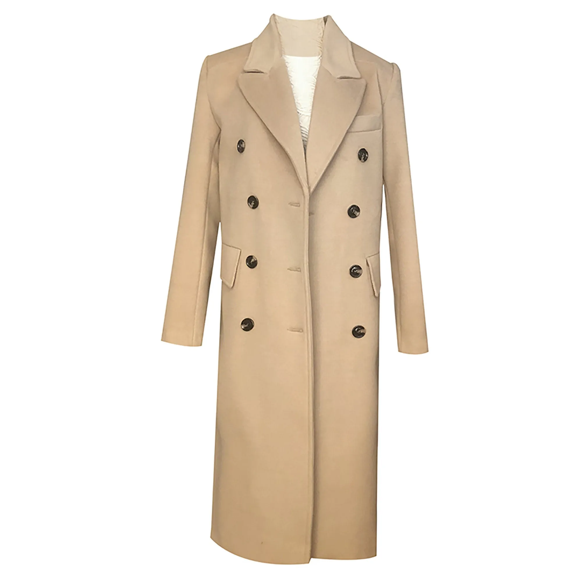 Camel Double Breasted Button Longline Wool Blend Coat