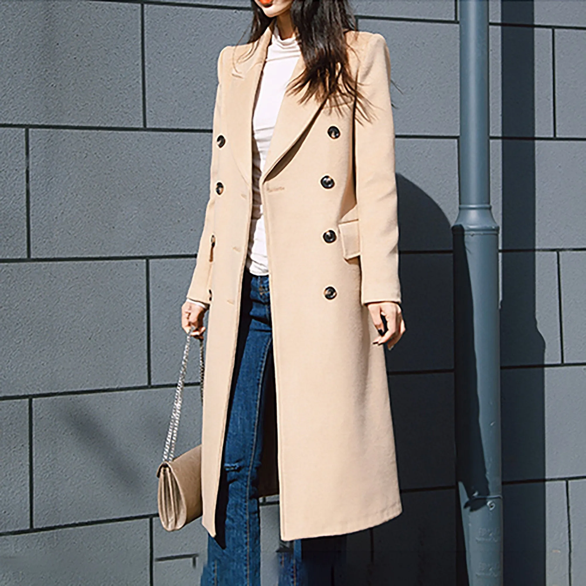 Camel Double Breasted Button Longline Wool Blend Coat