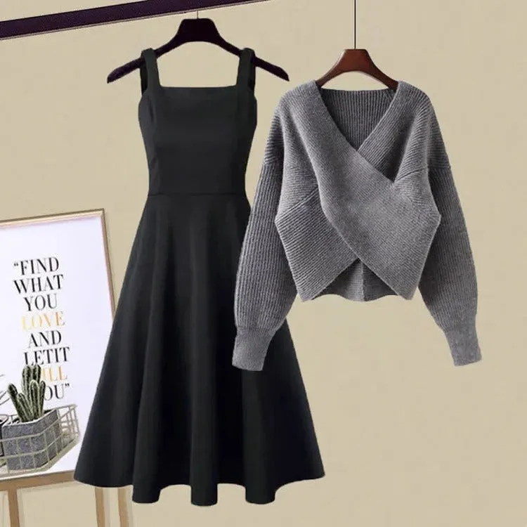 Chic Simplicity: V-Neck Sweater Slip Dress Two-Piece Set