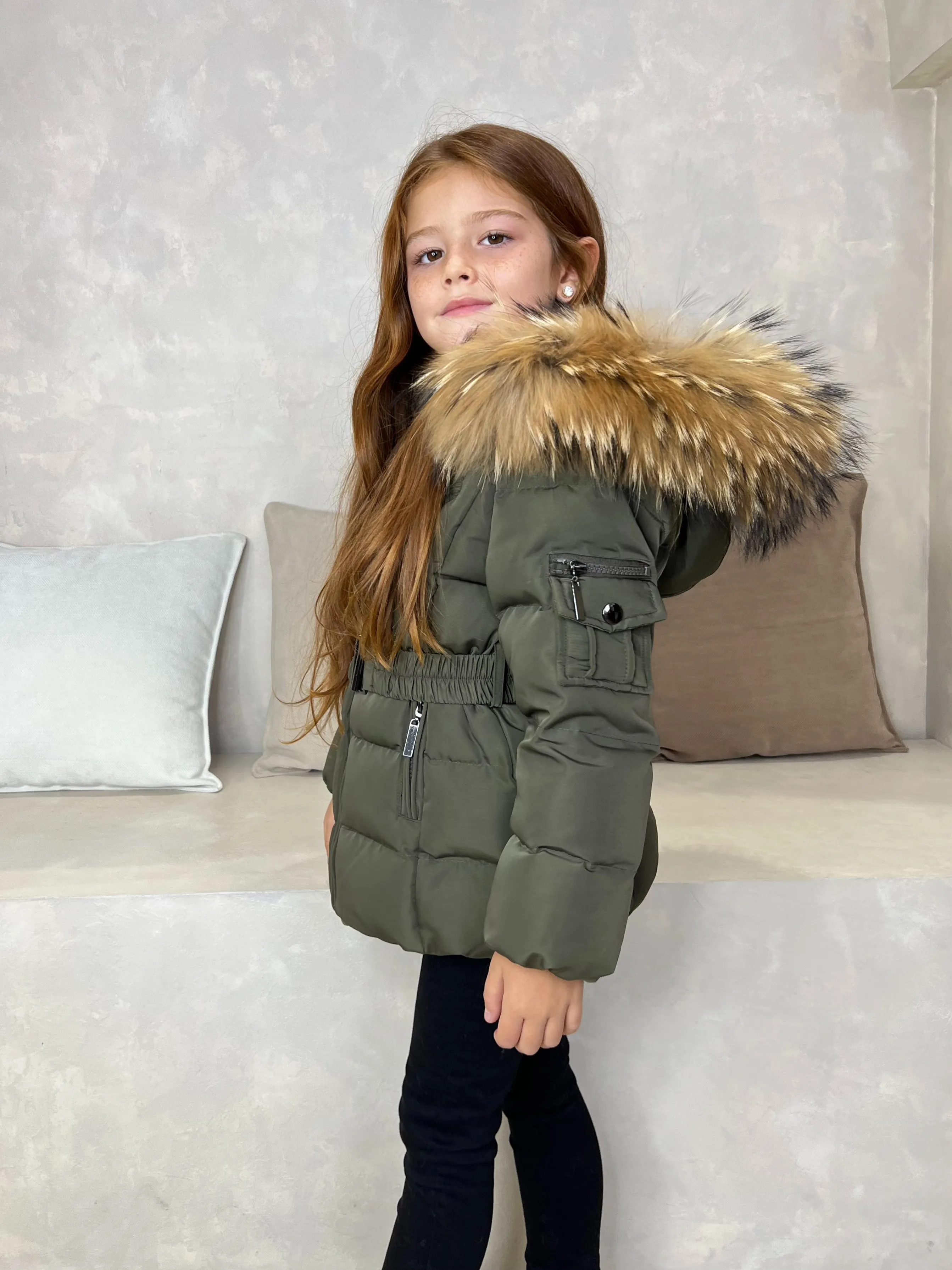 Childrens Khaki Luxury Fur Padded Belted Coat