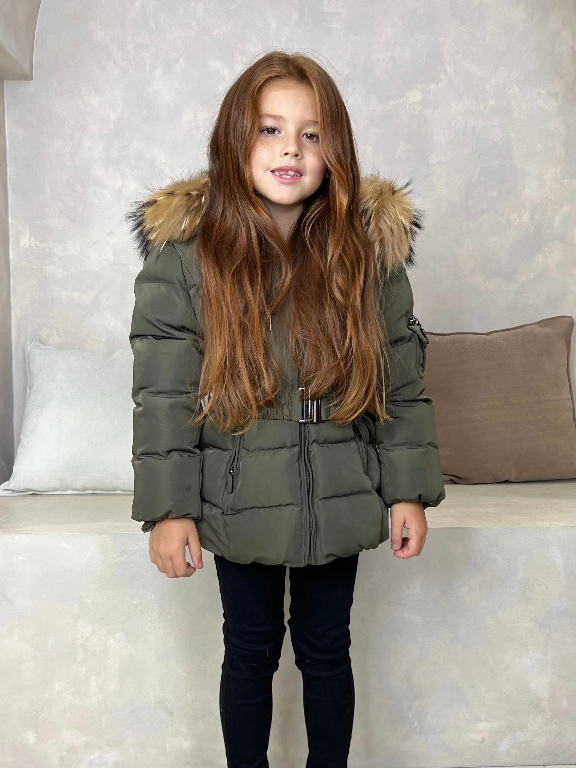 Childrens Khaki Luxury Fur Padded Belted Coat