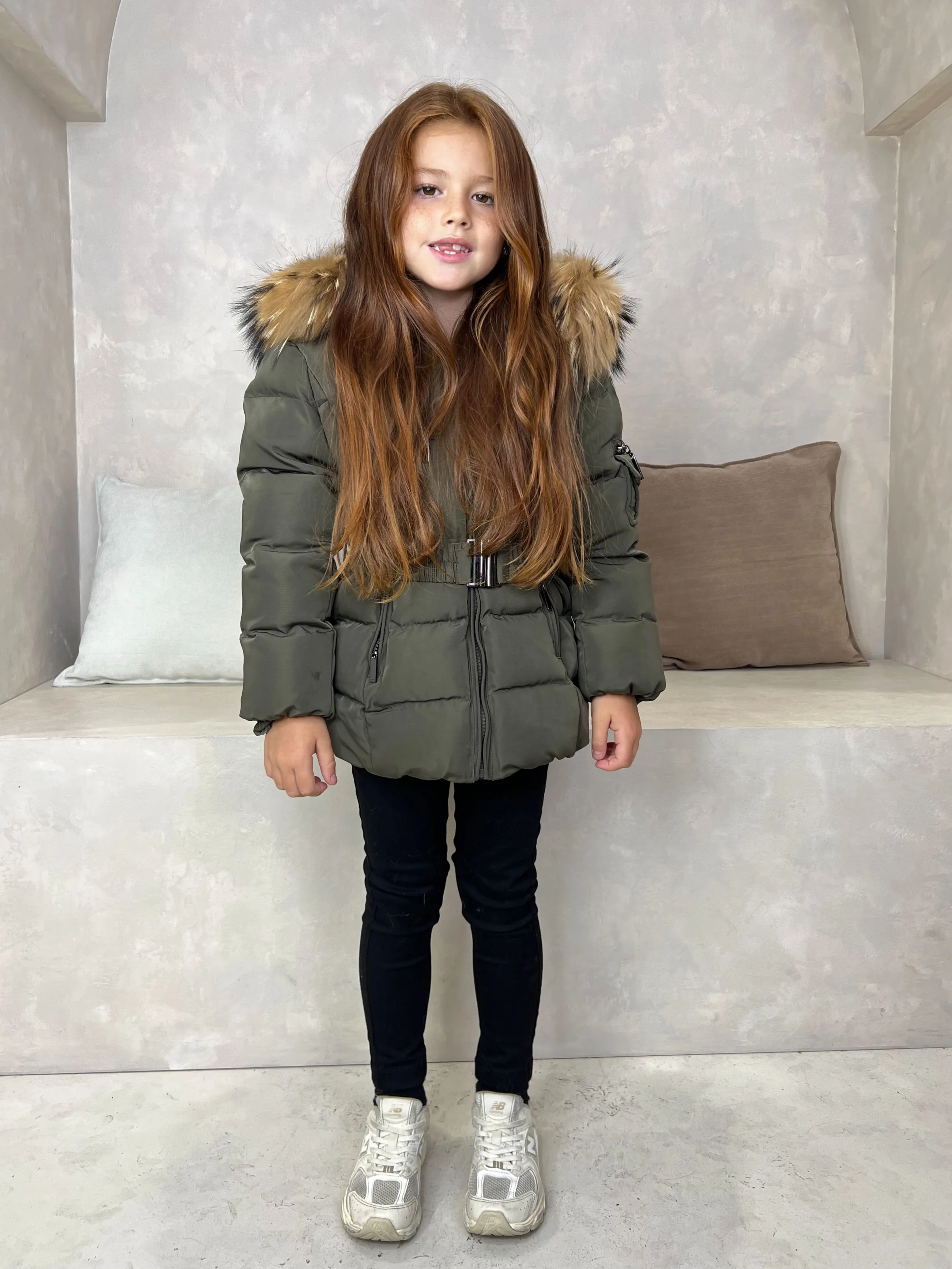 Childrens Khaki Luxury Fur Padded Belted Coat