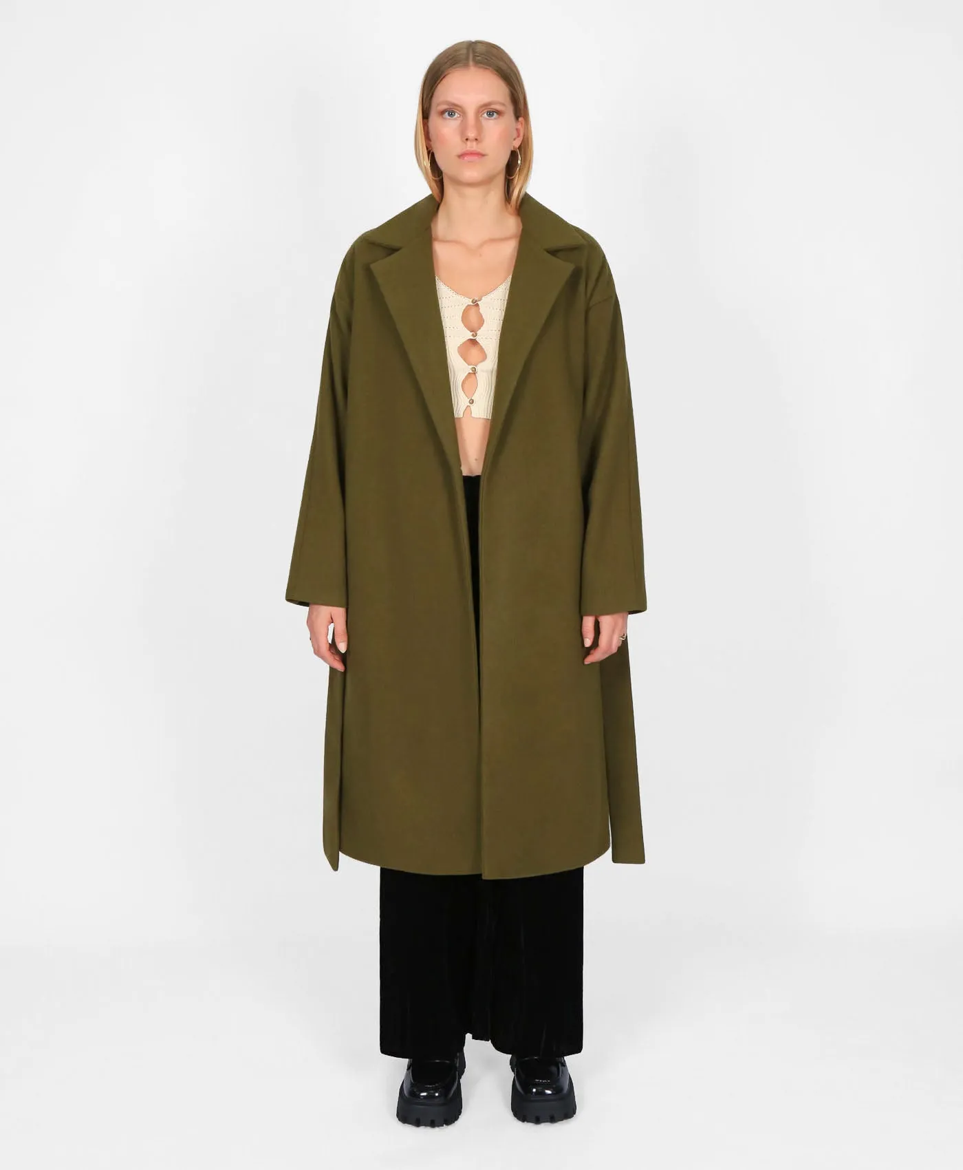 Classic Belted Wool Coat in Khaki