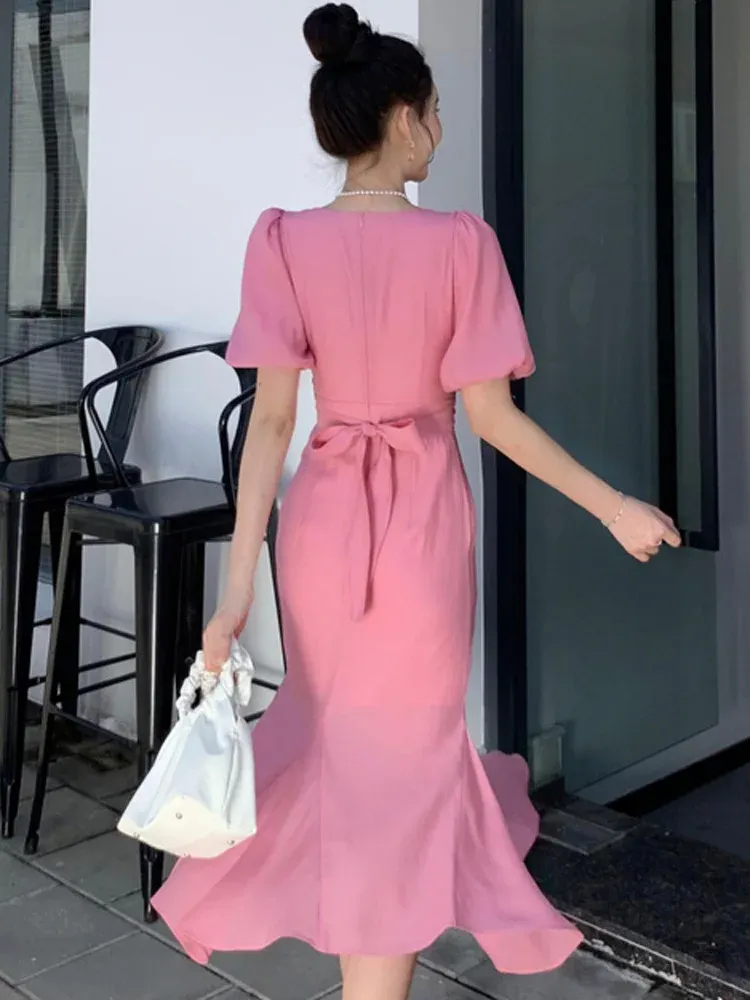 Classy Pink Puff Sleeves Mid-length Prom Dress,Pink Evening Dress    fg4680