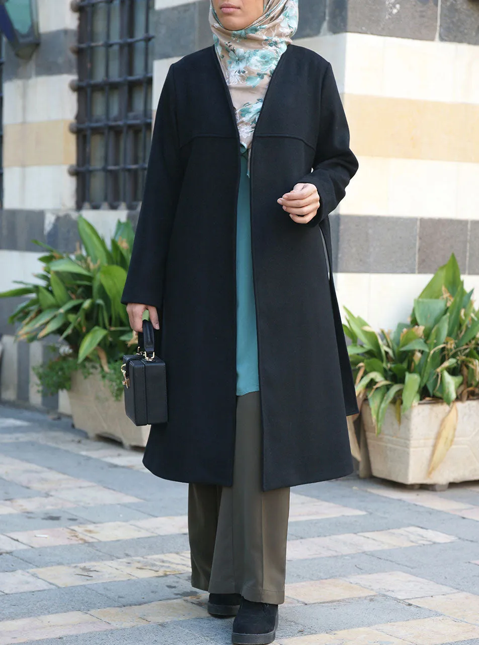 Collarless Belt Tie Wool Coat