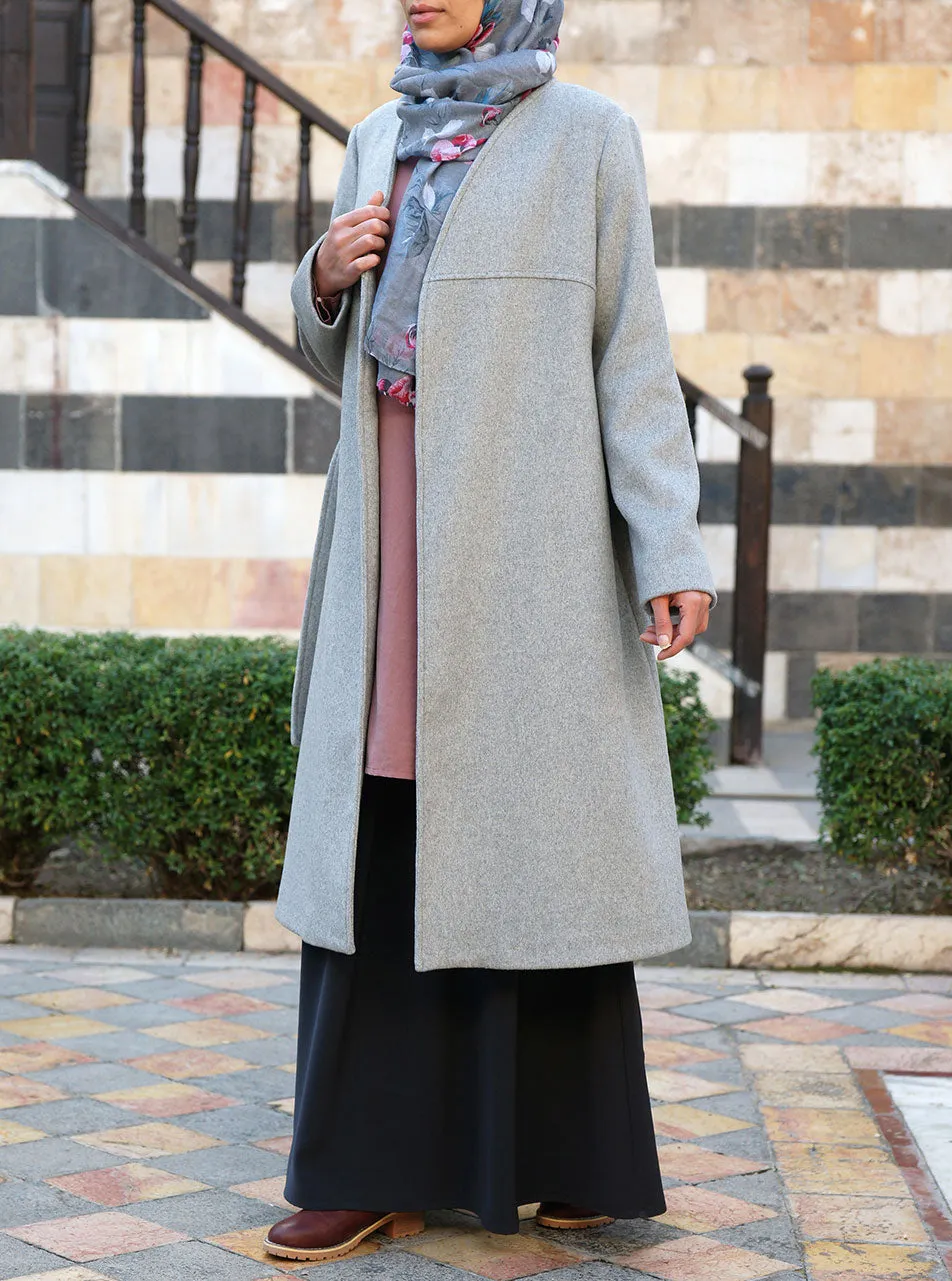 Collarless Belt Tie Wool Coat