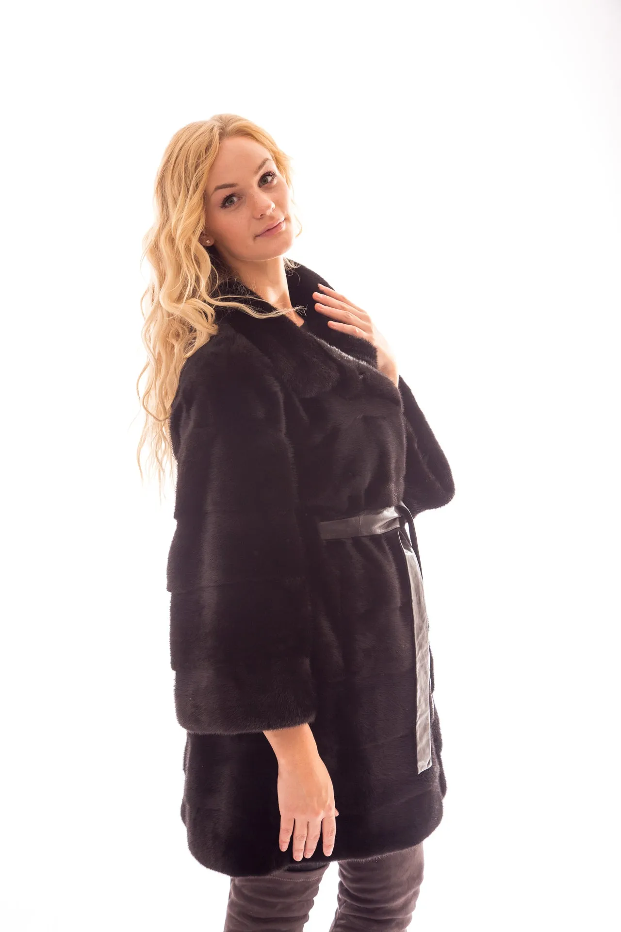 Demibuff Mink 3/4 Coat with Leather Belt