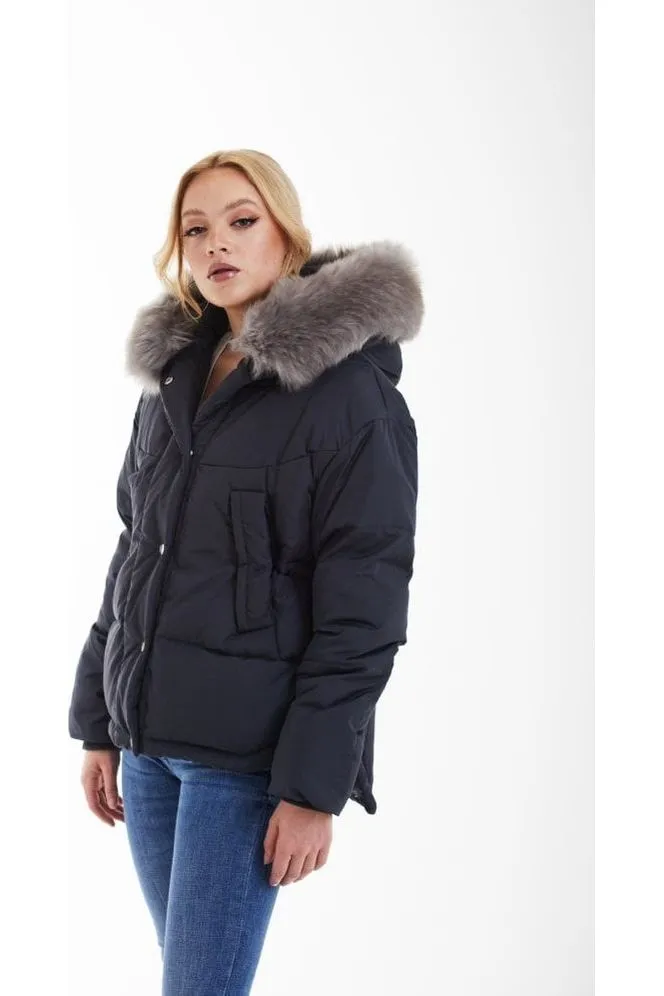 Double Second Charcoal Grey Oversized Dip Back Puffer