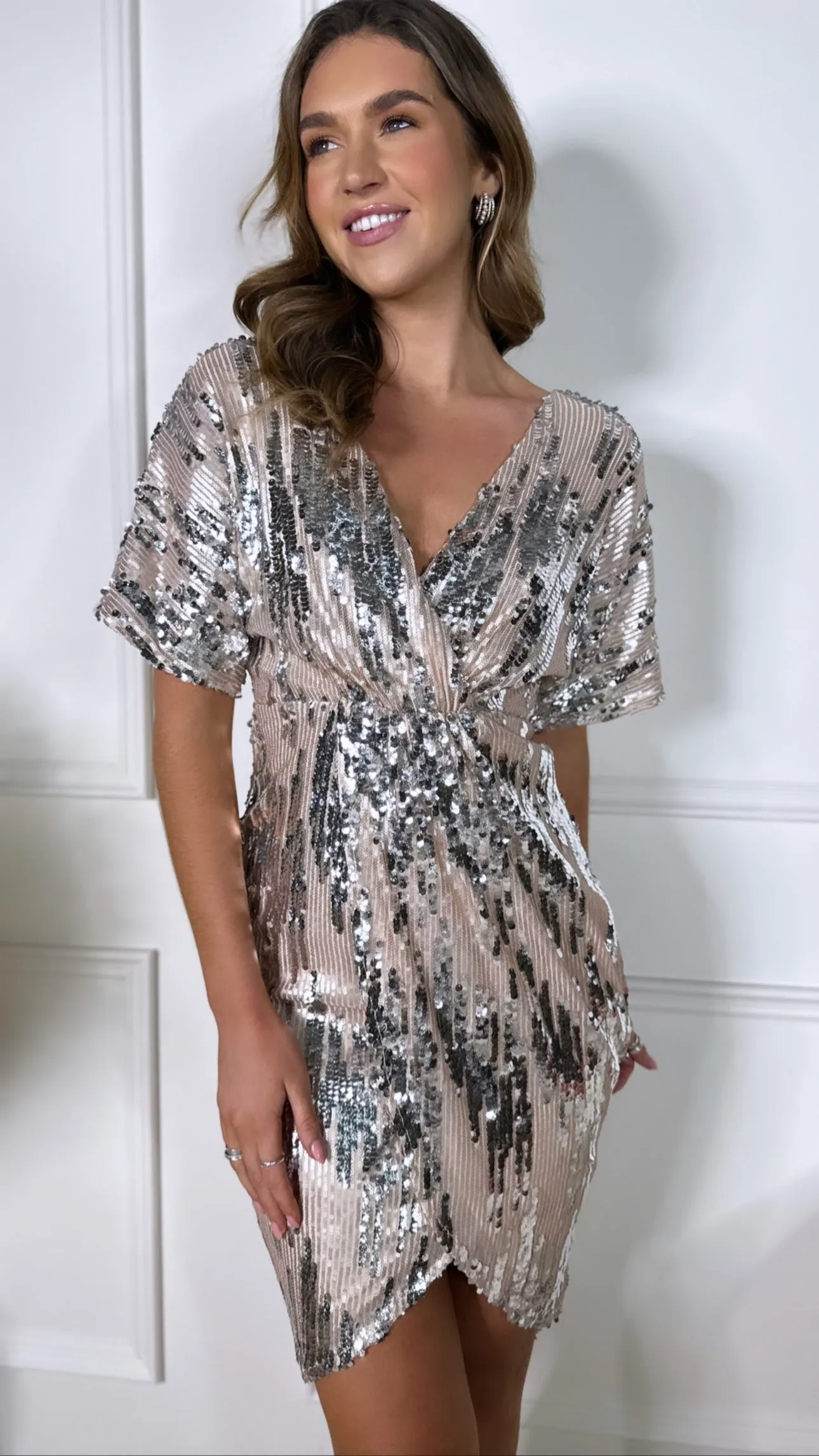 Elizabeth Gold & Silver Sequin Detail Wrap Midi Dress