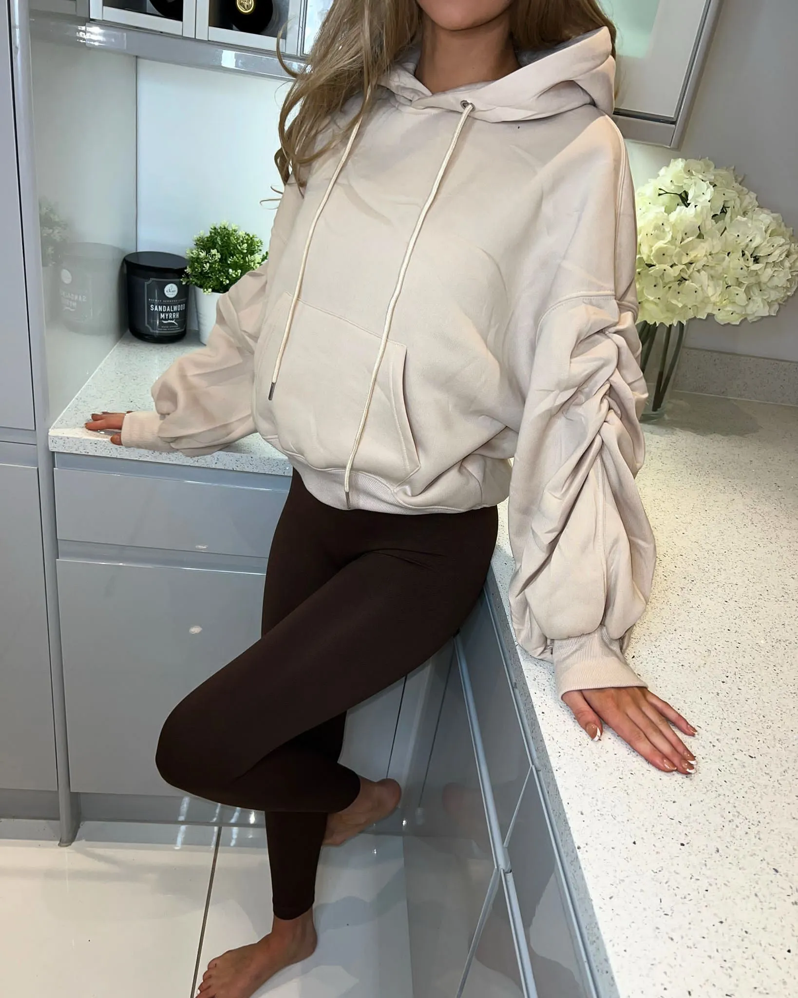 ‘Evie’ Stone Ruched Sleeve Hoodie Jumper