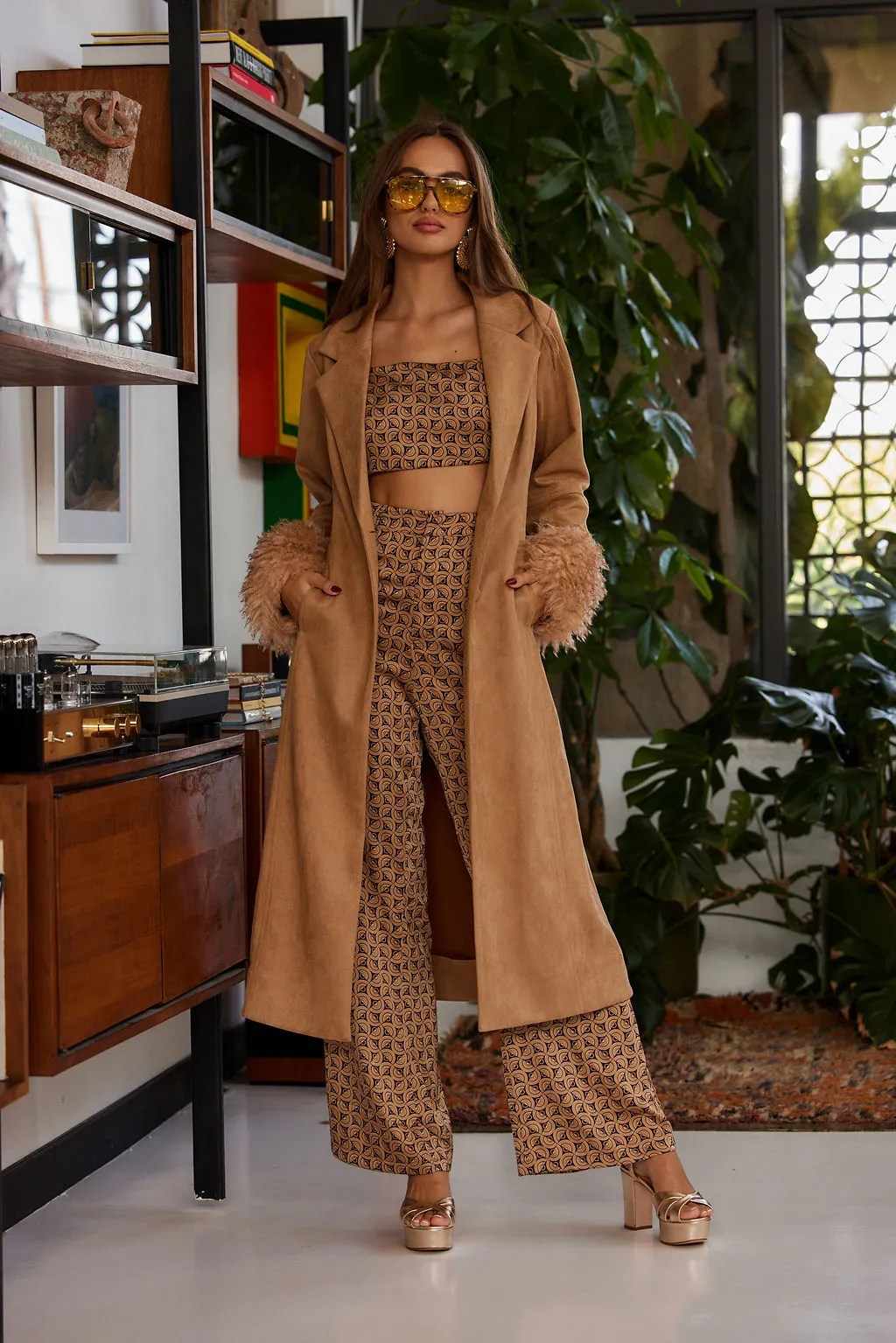 Farrah Camel Fur Trim Coat