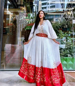 Fashionable Red Habesha Dress: with Golden Intricate Design Traditional Ethiopian Dress for Any Event Habesha Kemis