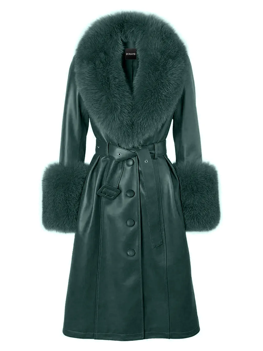 Faux Fur Genuine Leather Coat In Deep Green