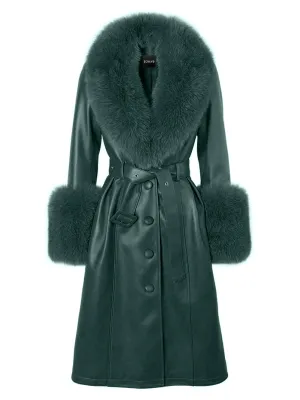 Faux Fur Genuine Leather Coat In Deep Green