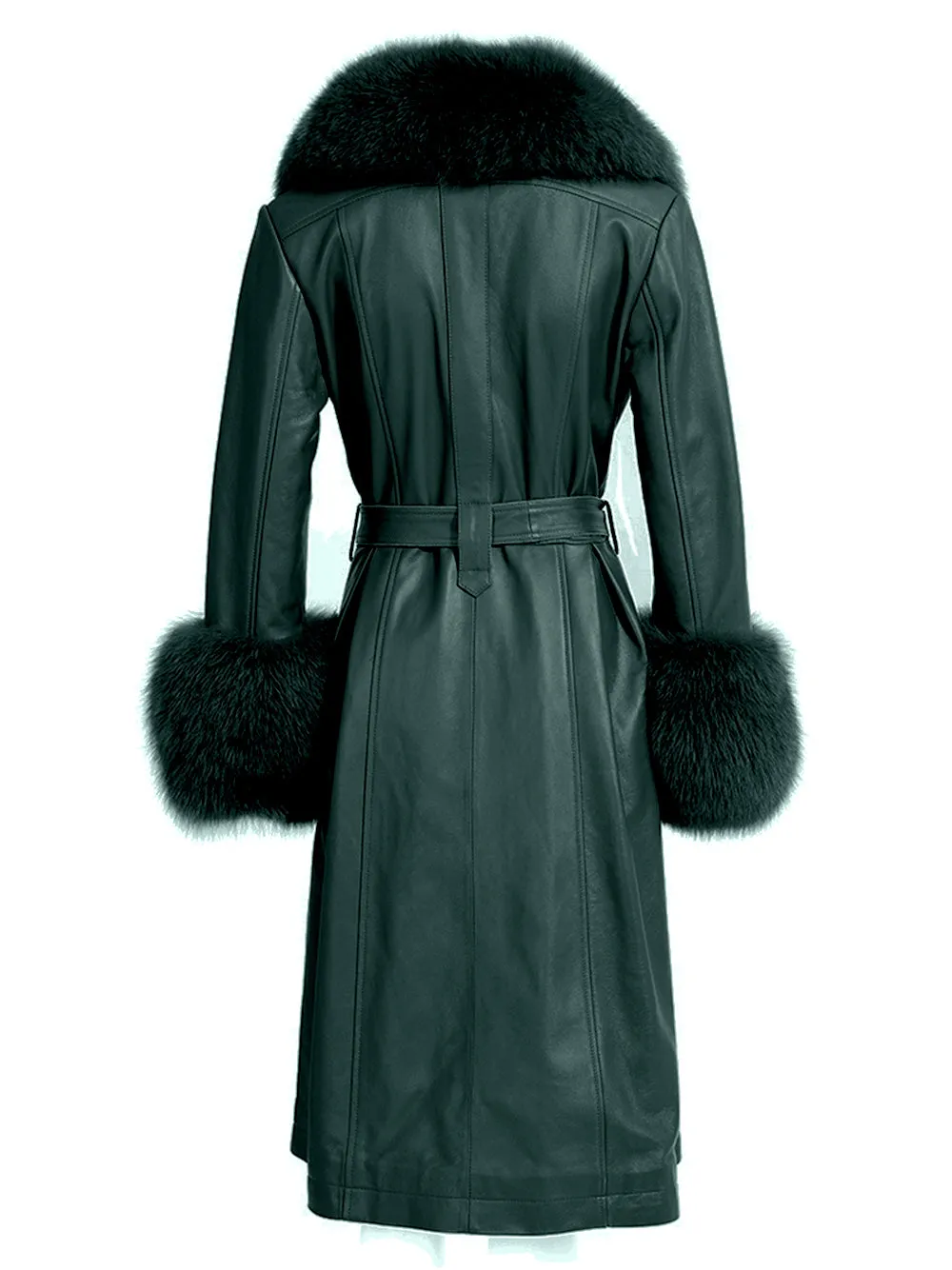 Faux Fur Genuine Leather Coat In Deep Green