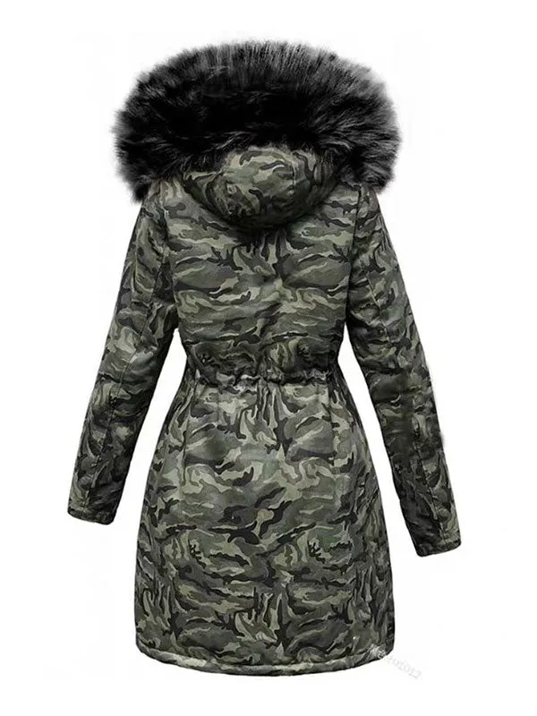 Faux Fur Trim Hooded Camo Padded Coat