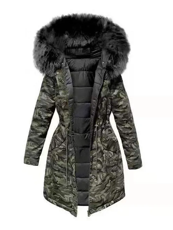 Faux Fur Trim Hooded Camo Padded Coat