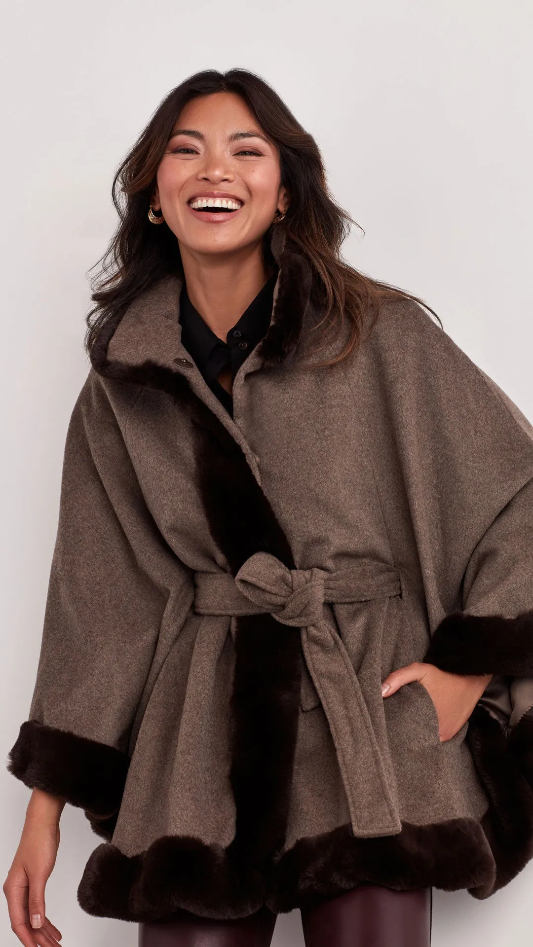 FAUX FUR TRIMMED WOOL CAPE