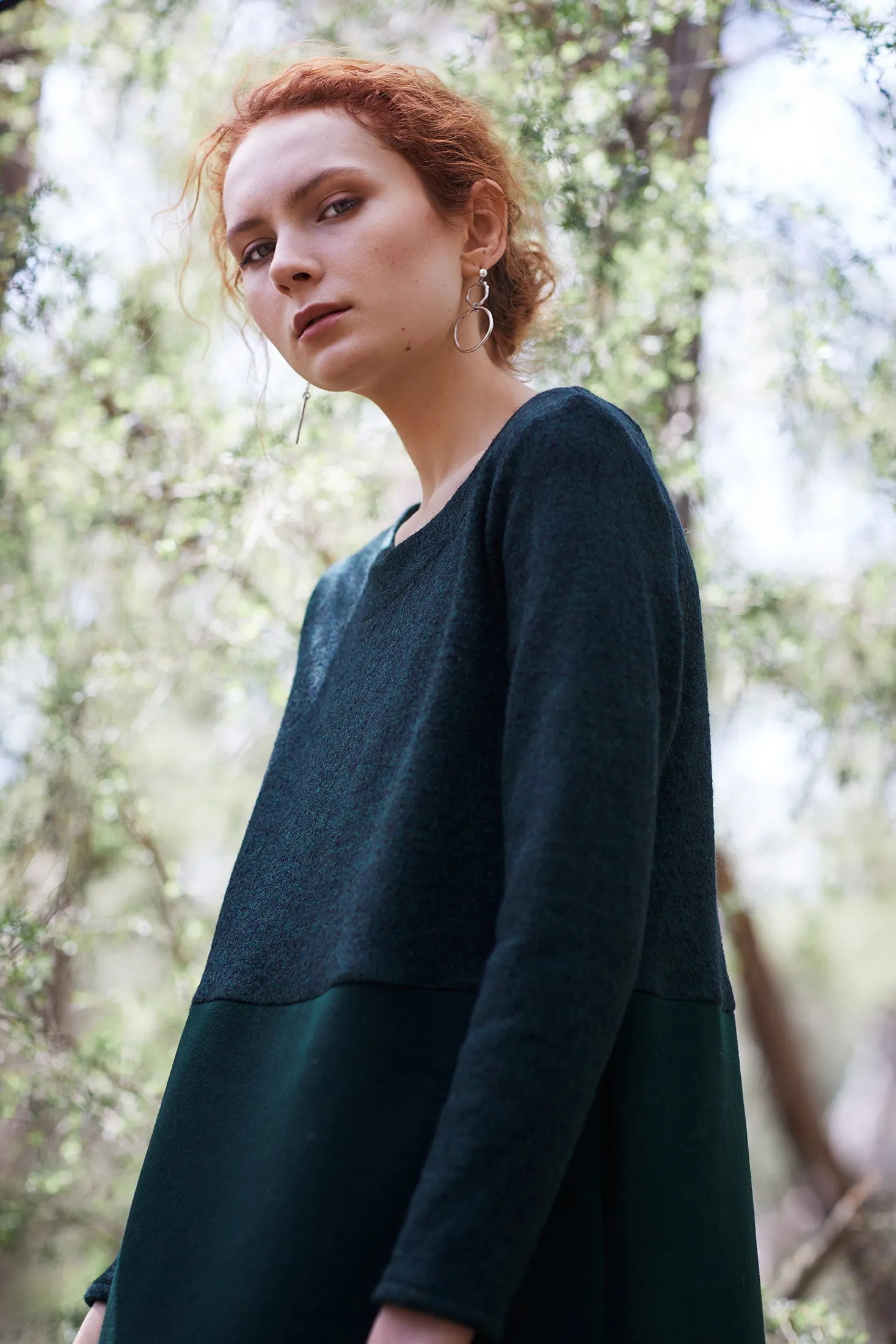 FERN DRESS [ Dark Green Wool Blend, Long Sleeves ]