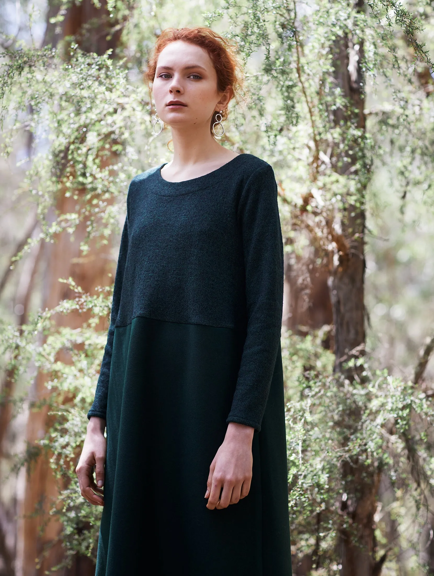 FERN DRESS [ Dark Green Wool Blend, Long Sleeves ]