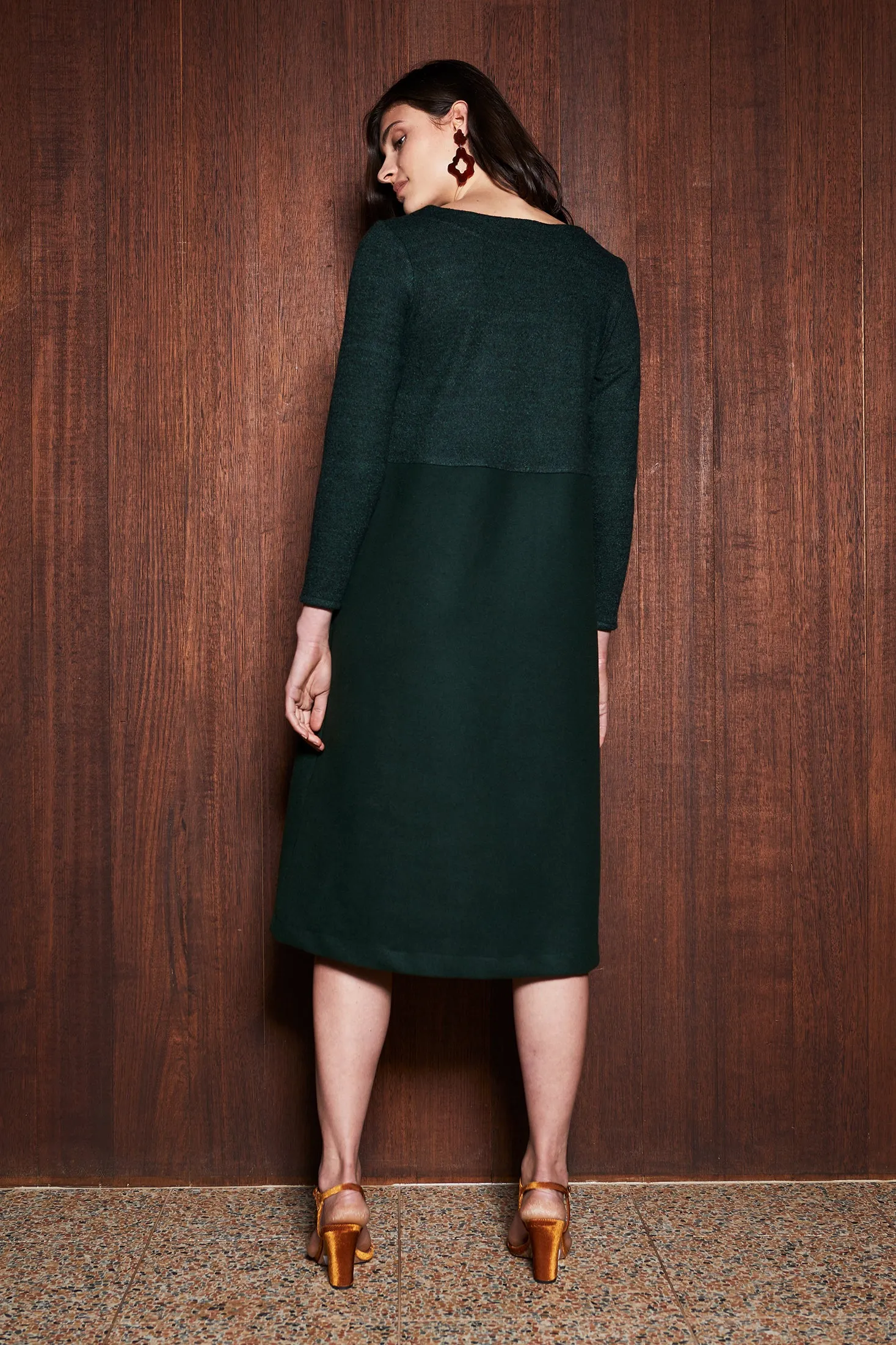 FERN DRESS [ Dark Green Wool Blend, Long Sleeves ]