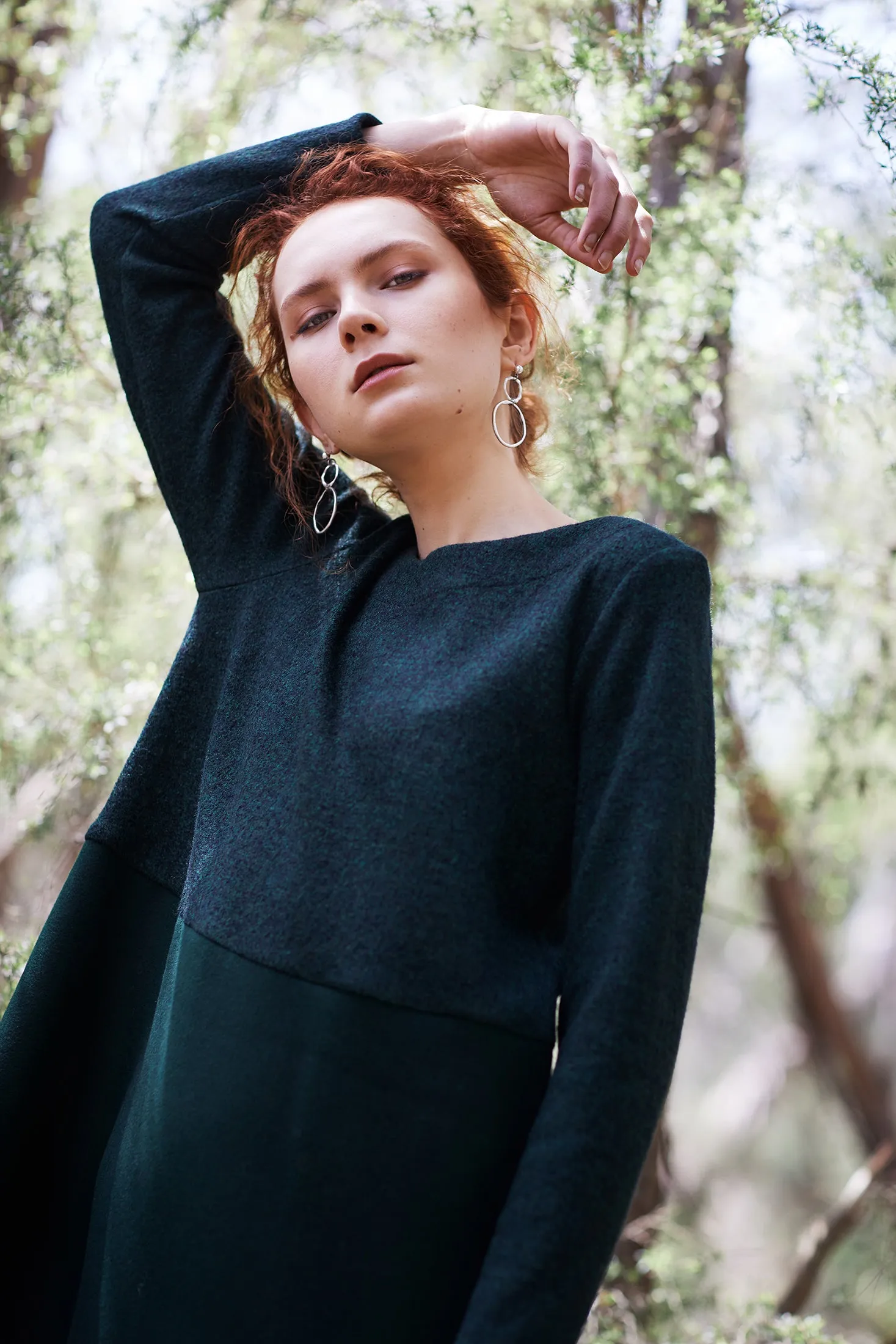 FERN DRESS [ Dark Green Wool Blend, Long Sleeves ]