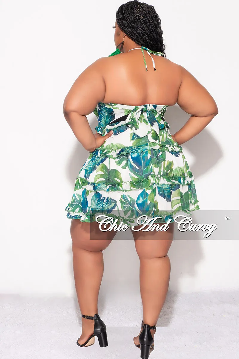 Final Sale Plus Size Halter Chiffon Baby Doll Dress with Front Cutout and Back Tie in Green and White Leaf Print