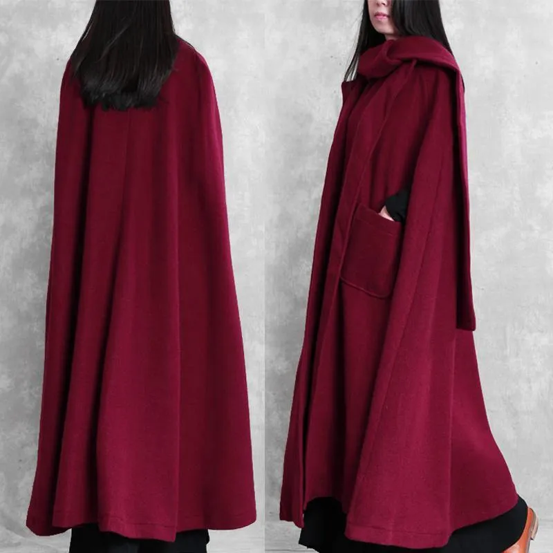 Fine burgundy Woolen Coat Women oversize Winter coat Batwing Sleeve large hem