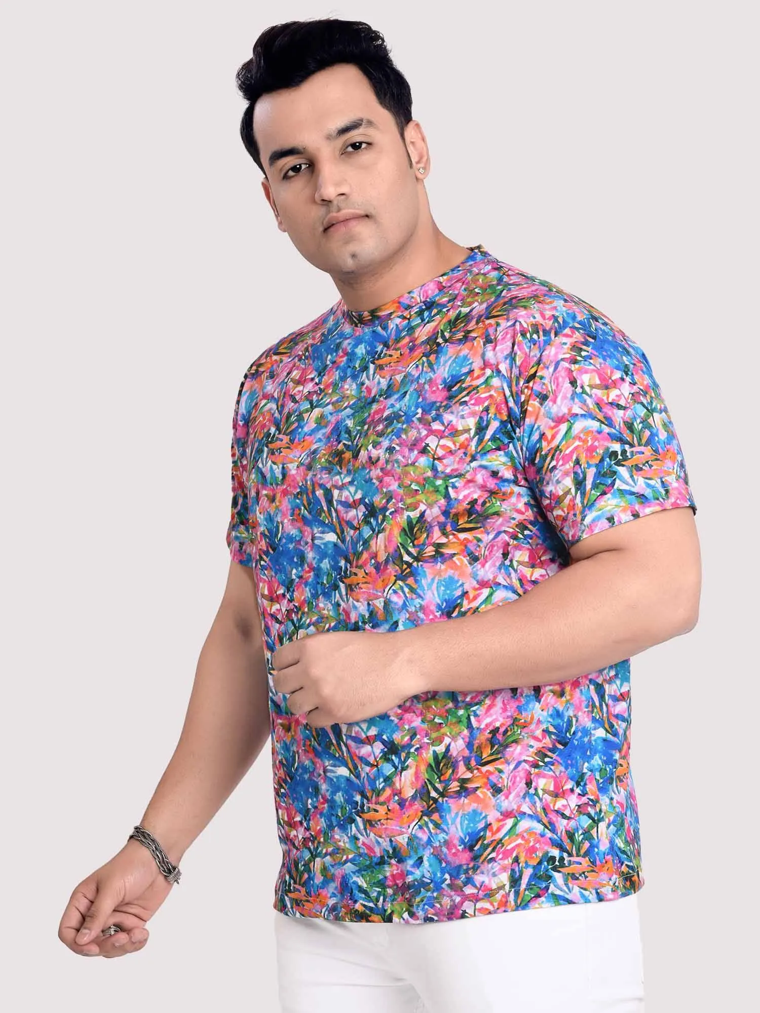 Flower Digital Printed Round Neck T-Shirt Men's Plus Size