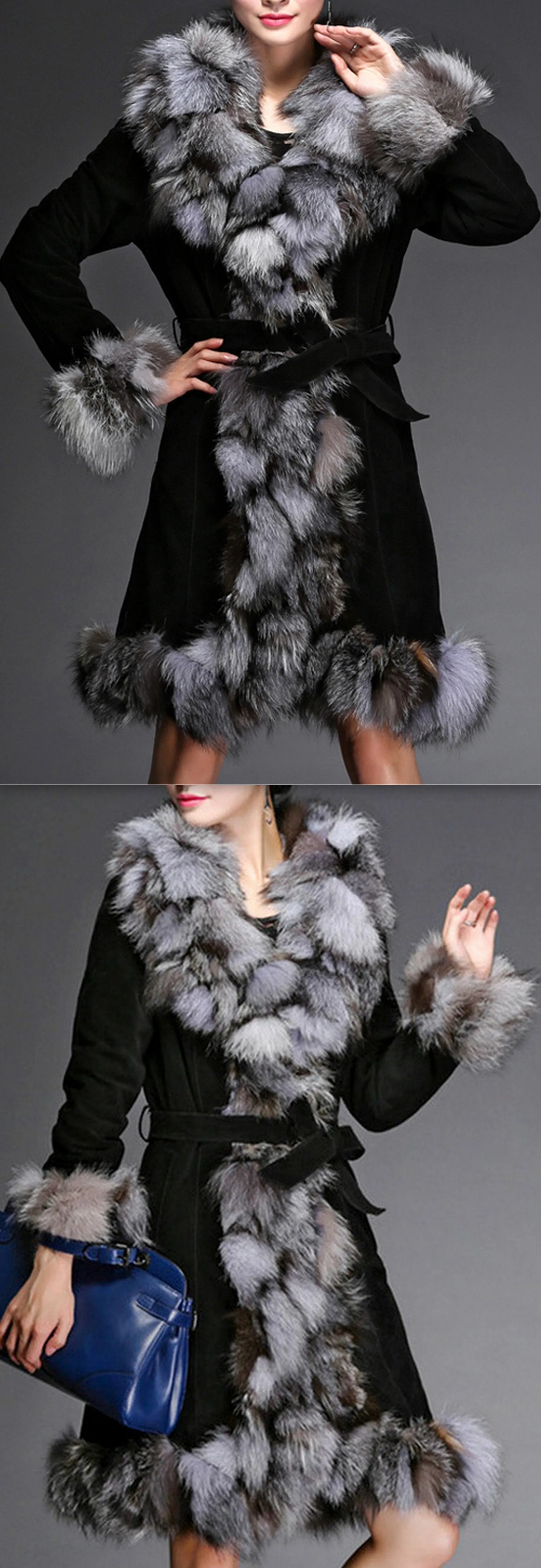 Fox Fur Suede Coat, Grey & Black