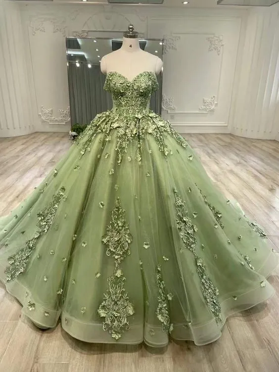 Green A Line Tulle Ball Gown Prom Dresses, Evening Gowns        fg3991