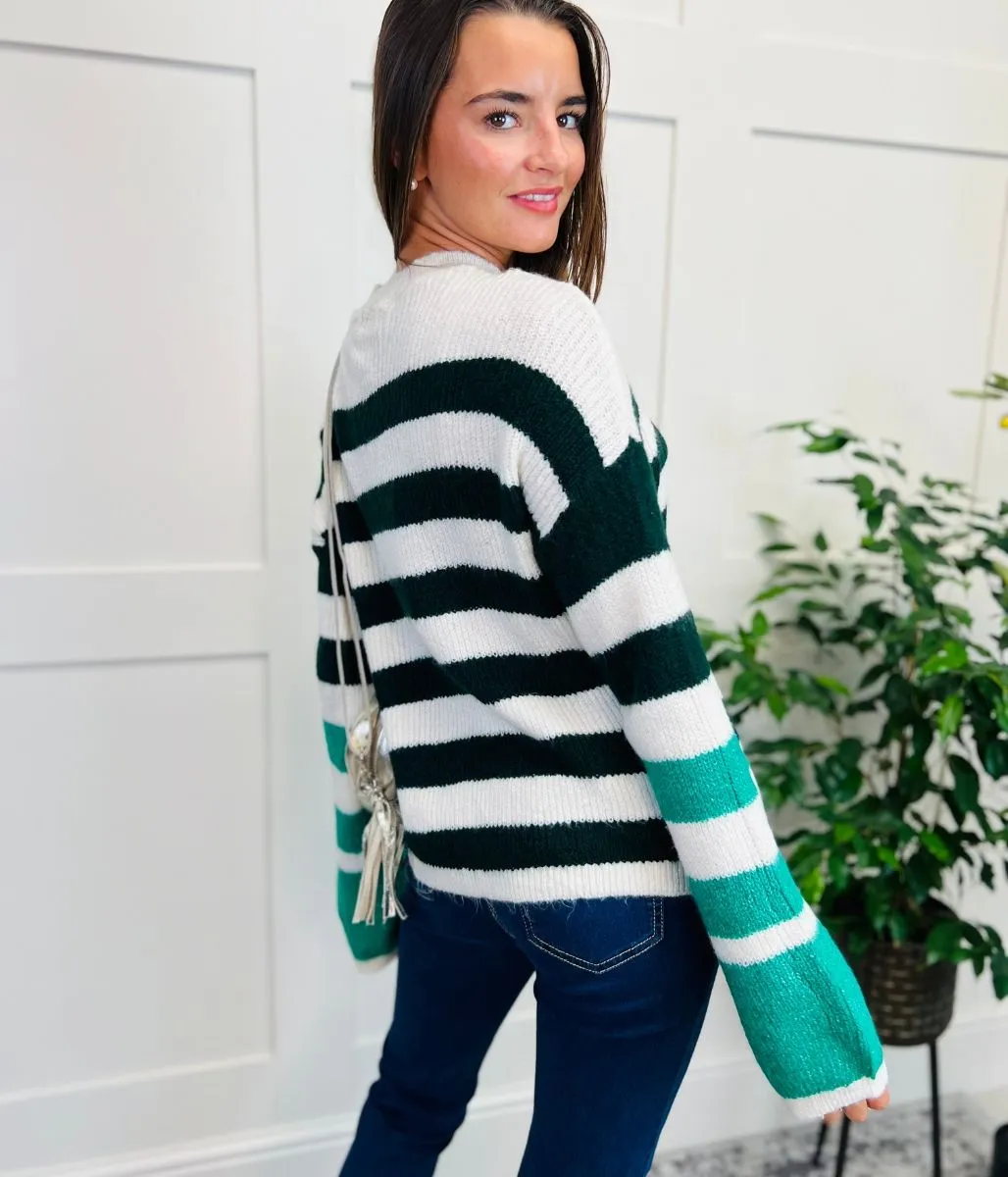 Green Contrast Stripe Knitted Jumper