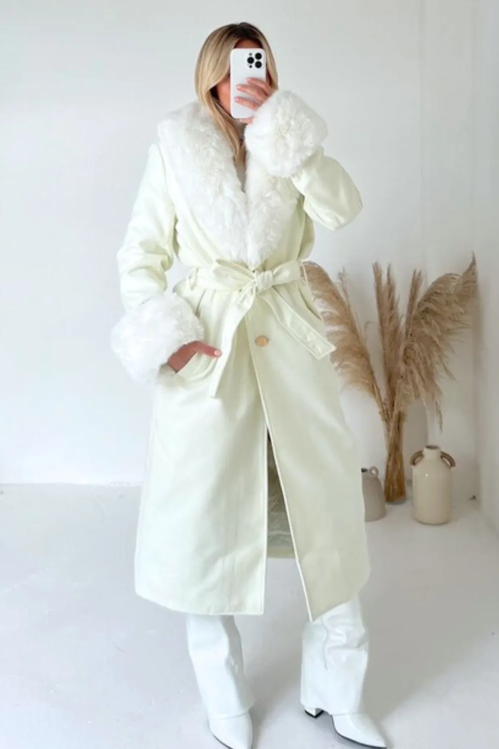 Hazel cream felt faux fur long coat