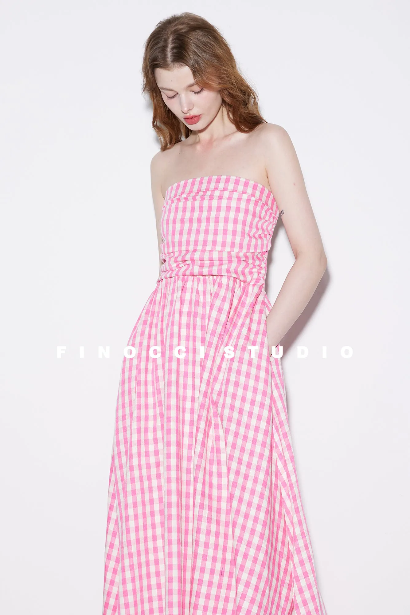 High-end Pink plaid checkered strapless Cotton Bandeau Swing full Dress - Tiila