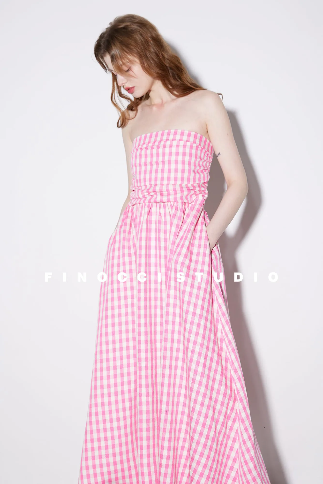 High-end Pink plaid checkered strapless Cotton Bandeau Swing full Dress - Tiila