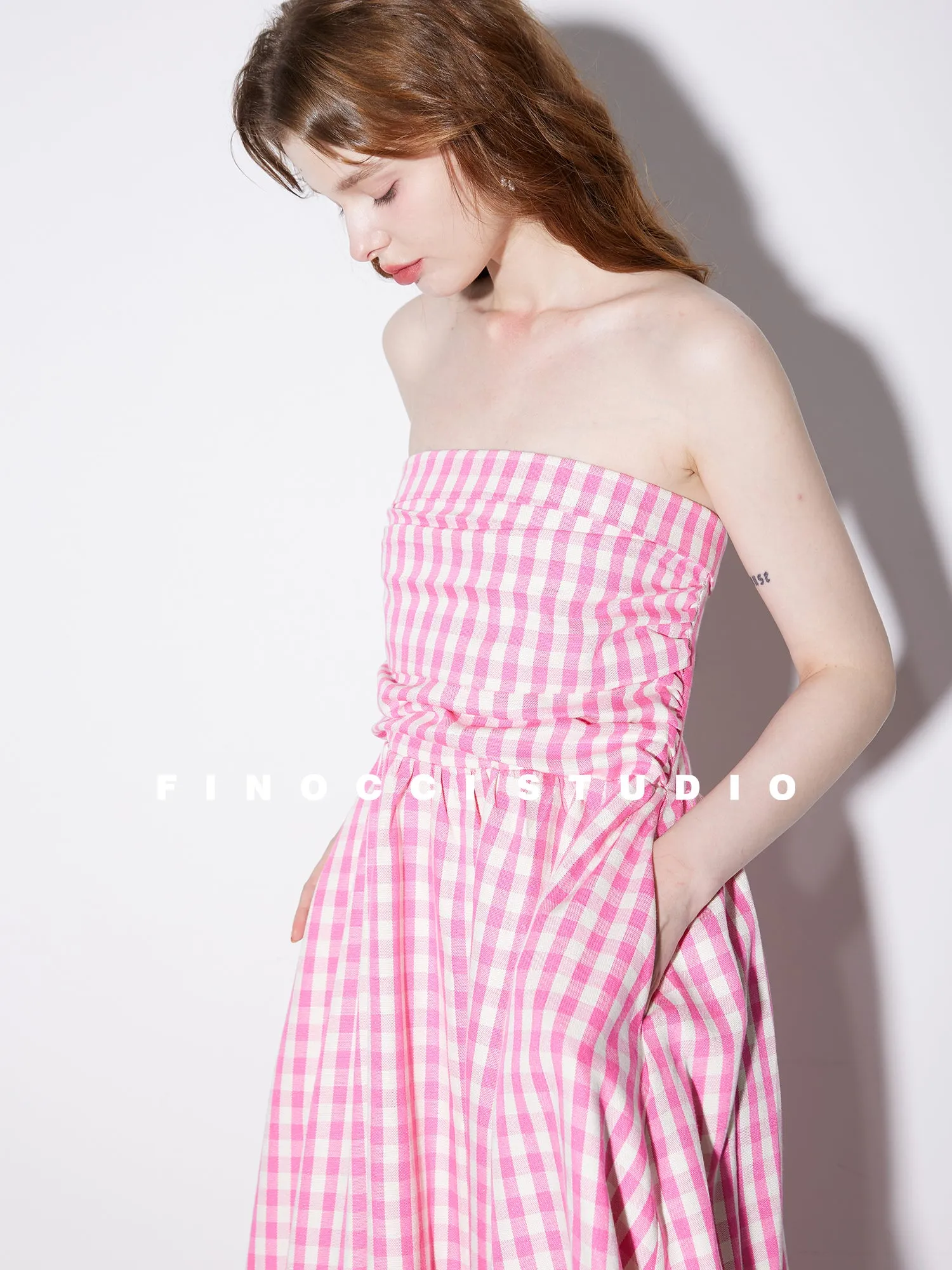 High-end Pink plaid checkered strapless Cotton Bandeau Swing full Dress - Tiila