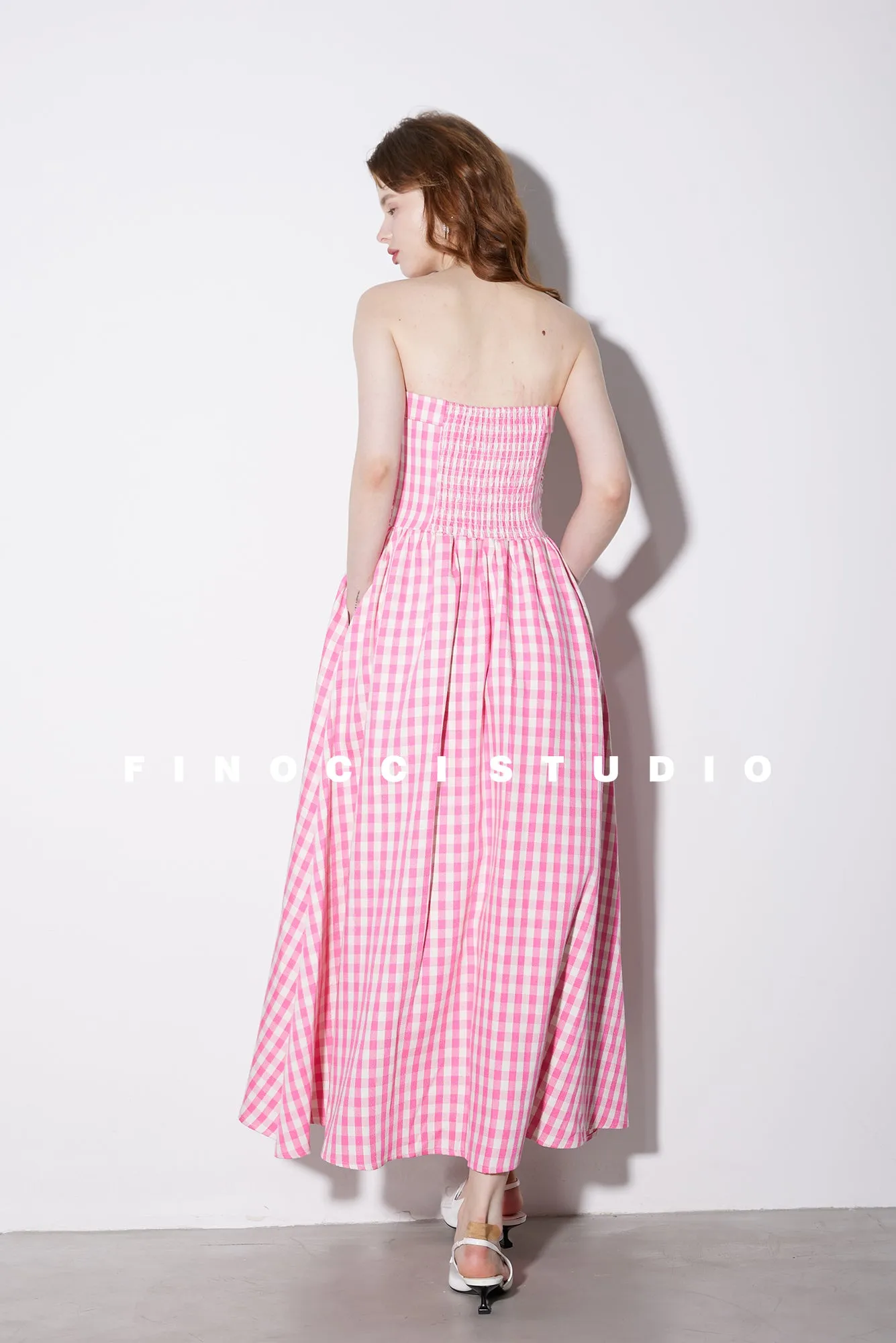 High-end Pink plaid checkered strapless Cotton Bandeau Swing full Dress - Tiila