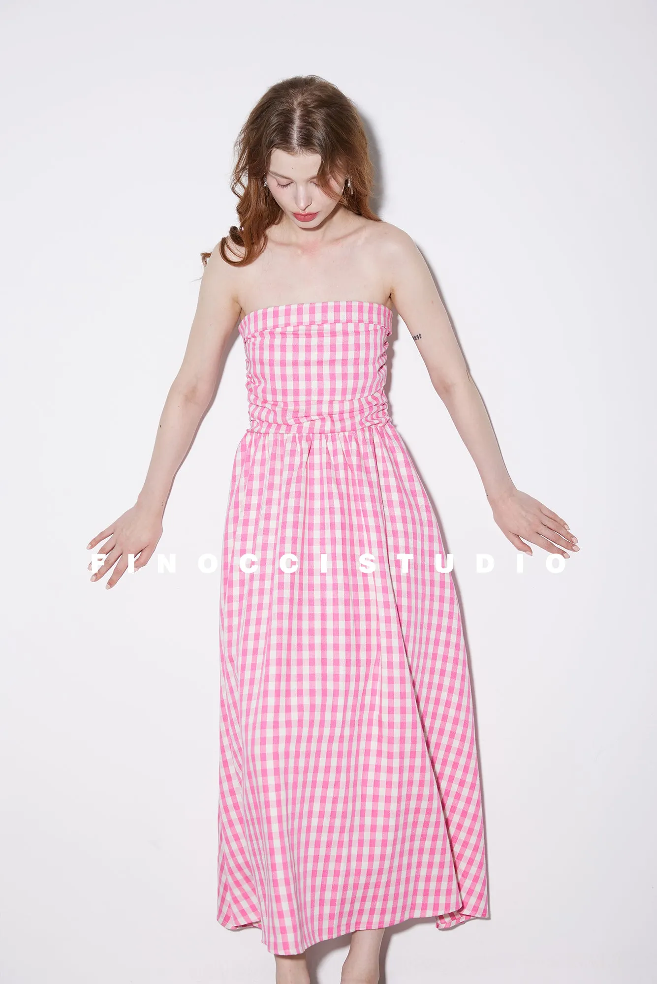 High-end Pink plaid checkered strapless Cotton Bandeau Swing full Dress - Tiila