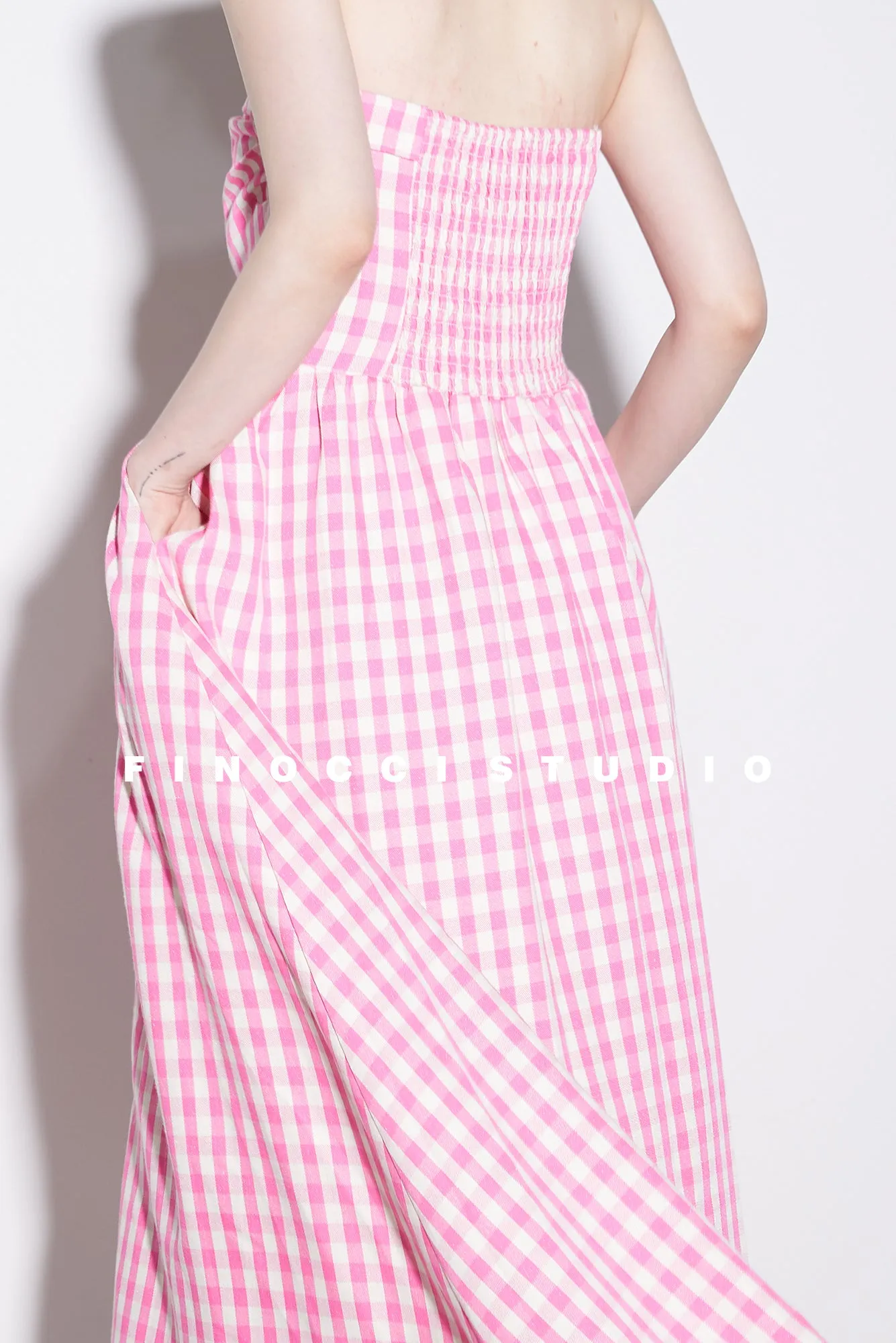 High-end Pink plaid checkered strapless Cotton Bandeau Swing full Dress - Tiila