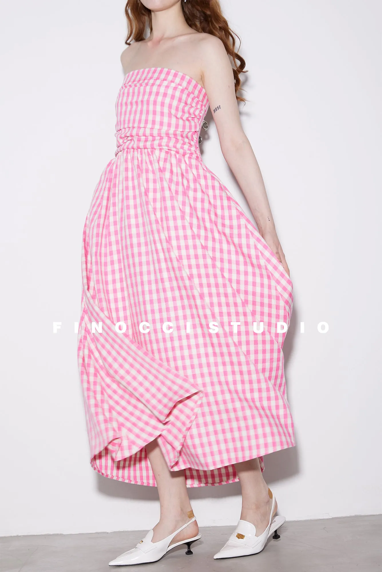 High-end Pink plaid checkered strapless Cotton Bandeau Swing full Dress - Tiila