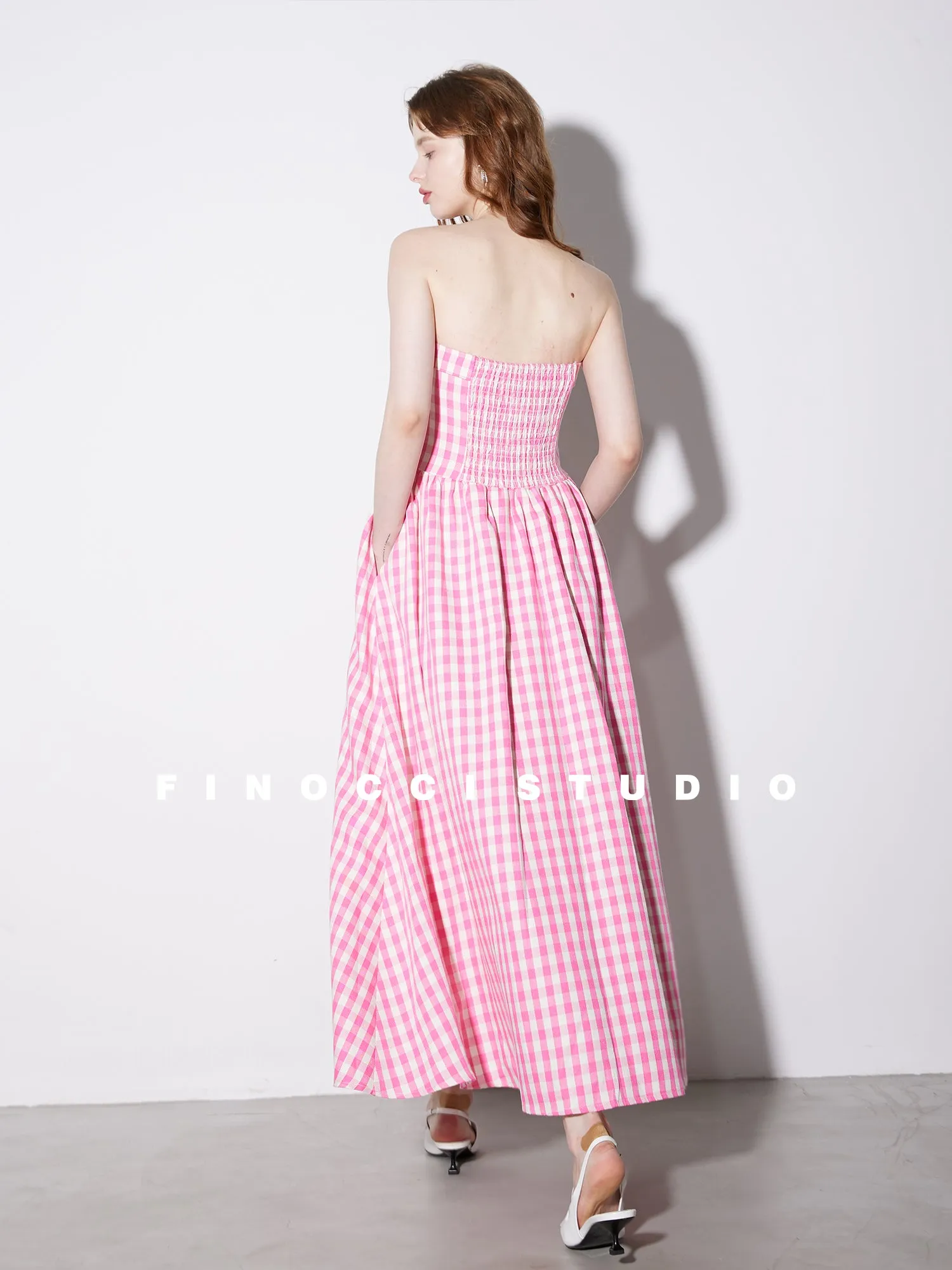 High-end Pink plaid checkered strapless Cotton Bandeau Swing full Dress - Tiila