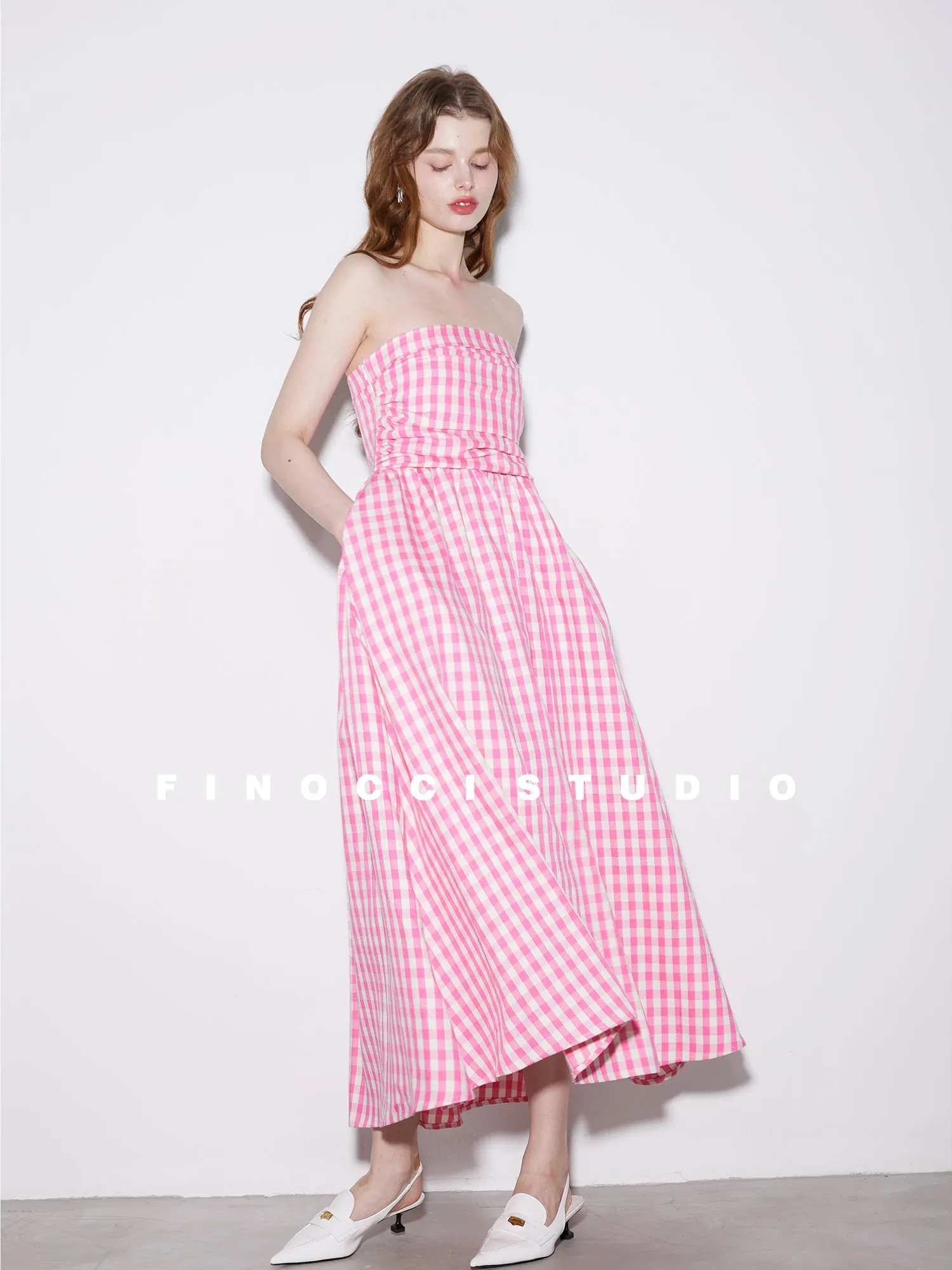 High-end Pink plaid checkered strapless Cotton Bandeau Swing full Dress - Tiila