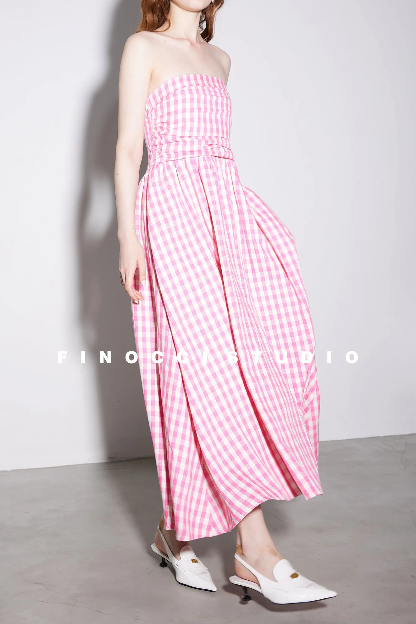 High-end Pink plaid checkered strapless Cotton Bandeau Swing full Dress - Tiila