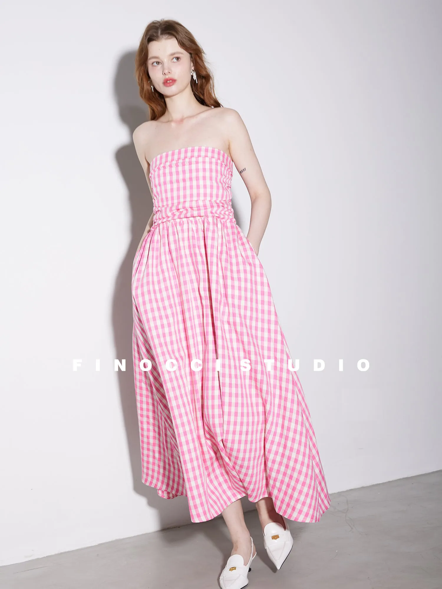 High-end Pink plaid checkered strapless Cotton Bandeau Swing full Dress - Tiila