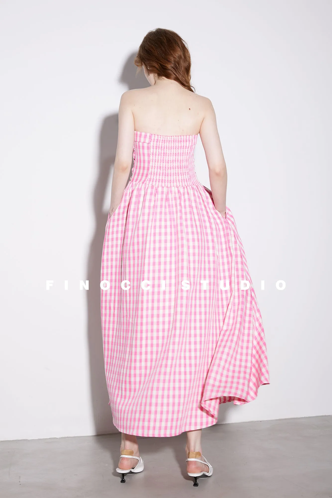 High-end Pink plaid checkered strapless Cotton Bandeau Swing full Dress - Tiila