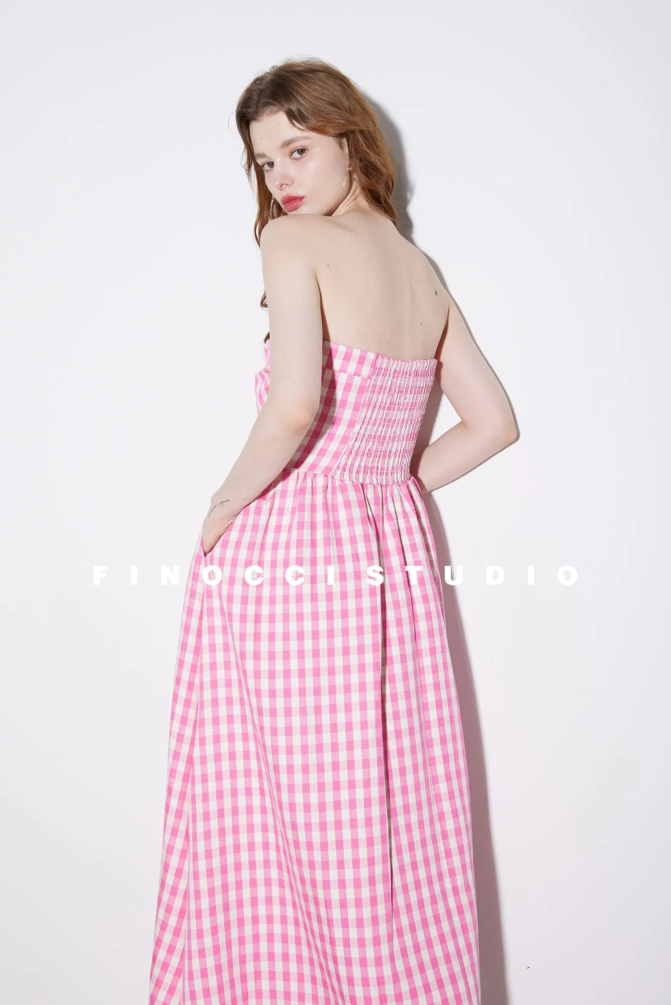 High-end Pink plaid checkered strapless Cotton Bandeau Swing full Dress - Tiila