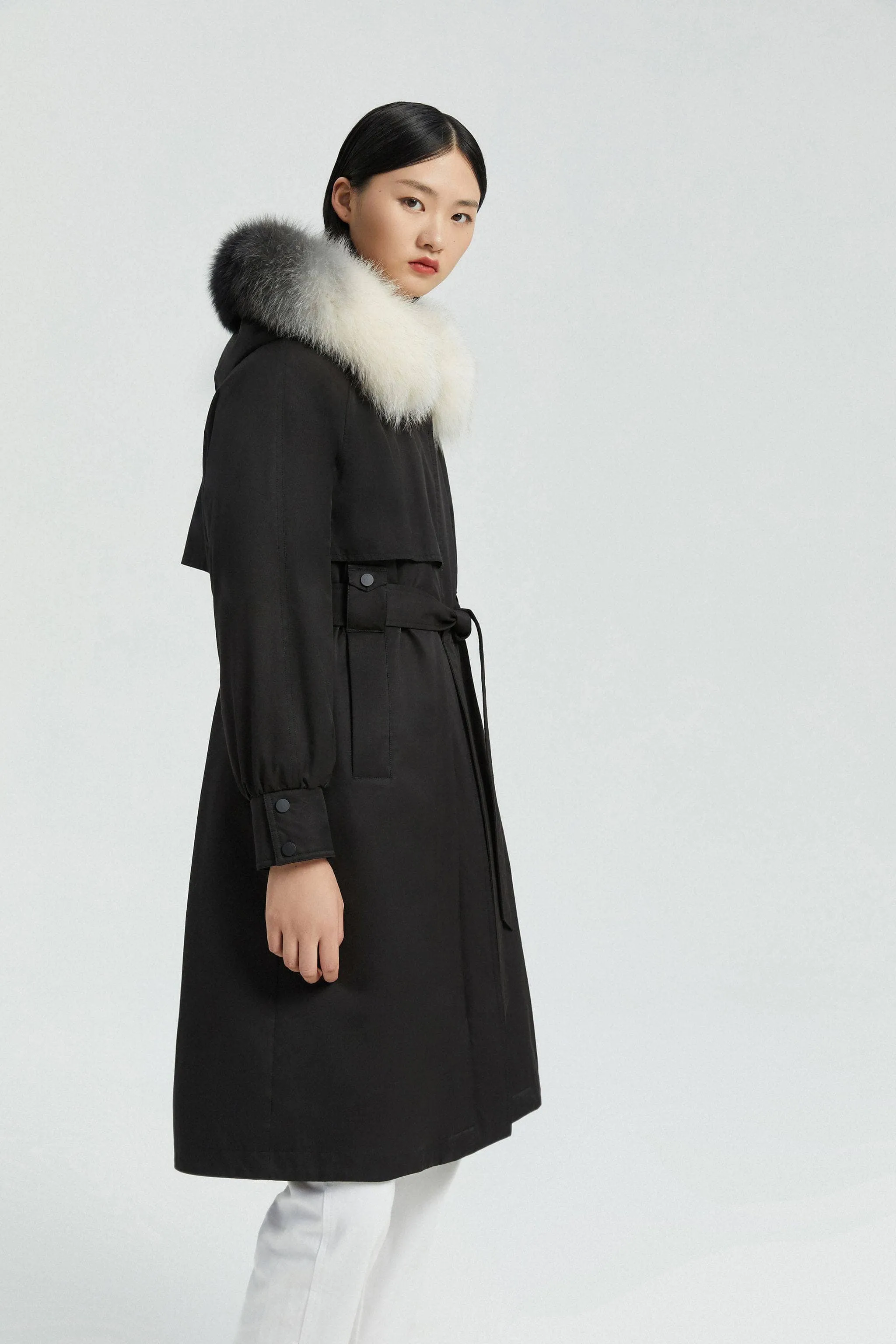 Hooded Trench Coat with Fur Trim