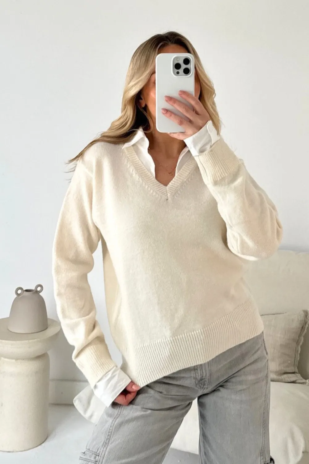 Josie cream faux shirt knitted jumper