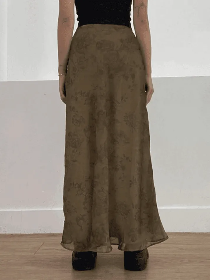 Joskaa Vintage Mesh Floral Brown Maxi Skirt